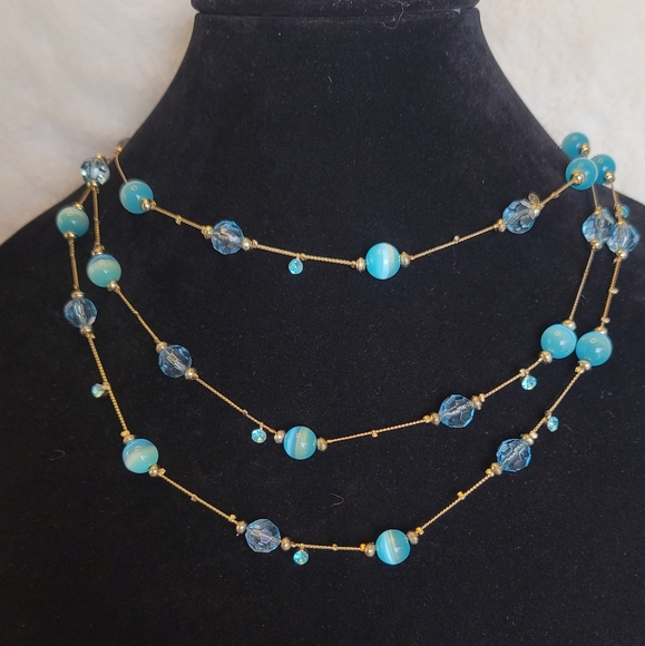 Estate Jewelry - Long Blue Catseye Illusion Necklace - Vintage, Estate, 60", Versatile Styling